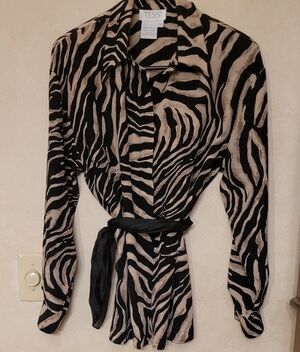 100% Silk Black and Cream Zebra Print Women's  Button Down NWOT